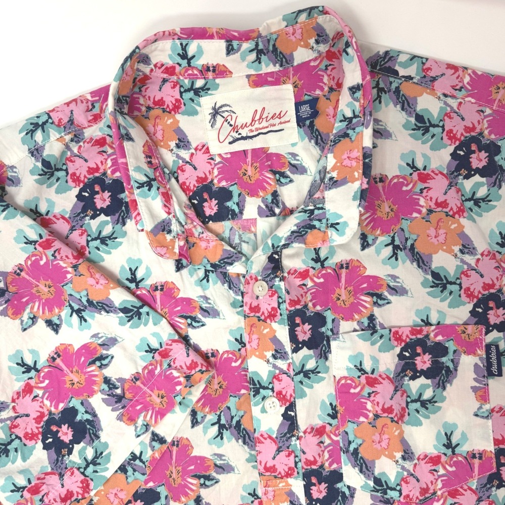Chubbies Mens Large Floral Tropical Short Sleeve Popover Button Down Shirt Pink